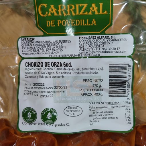 Valor Nutricional Chorizo Manchego de Orza